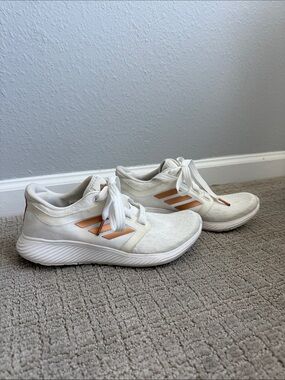 Women's White Athletic Sneakers with Rose Gold Stripes